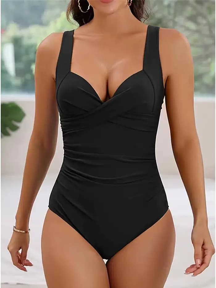 Maillot de bain une pièce sexy à volants croisés pour femme, style vintage, couleur unie, collection