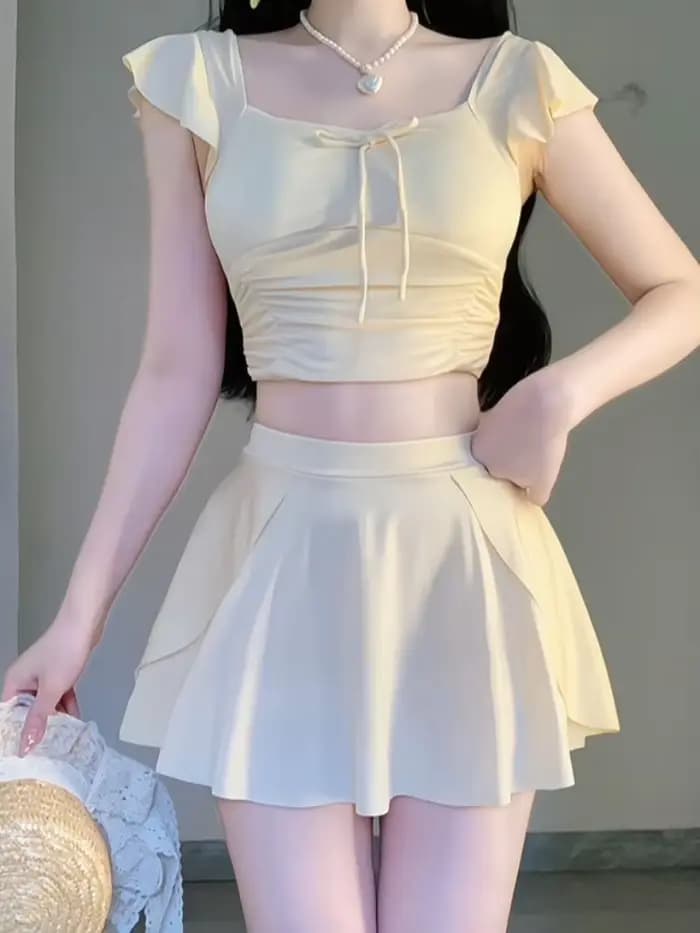 Maillot de bain deux pièces sexy pour femme, col carré, coupe ajustée, manches courtes, couvrant les