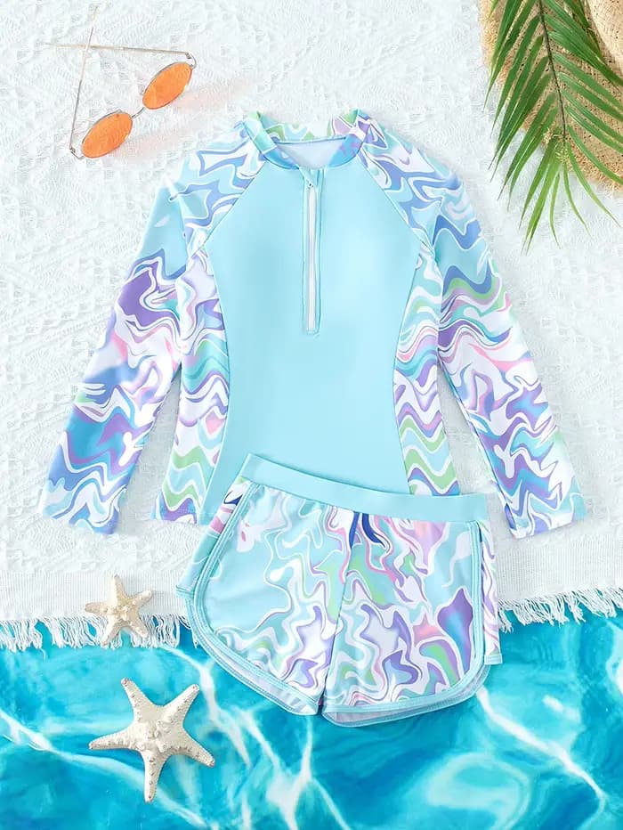 Maillot de bain avec maillots de bain courts à manches longues pour petites filles maillots de bain