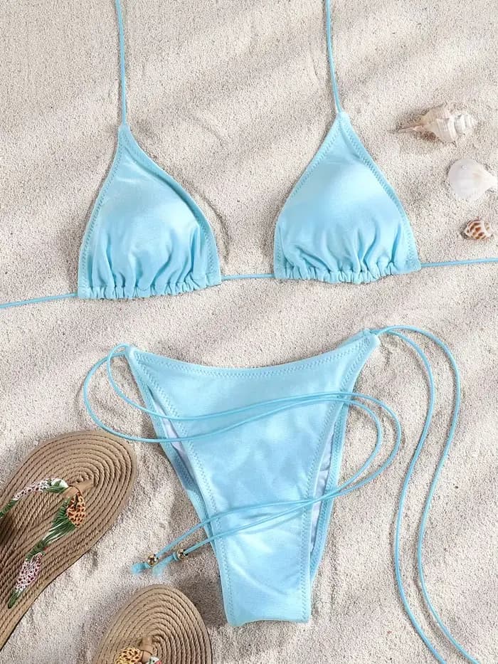 Maillot de bain triangle 2026 bleu clair, bikini string, maillot de bain bandage, maillot de bain do