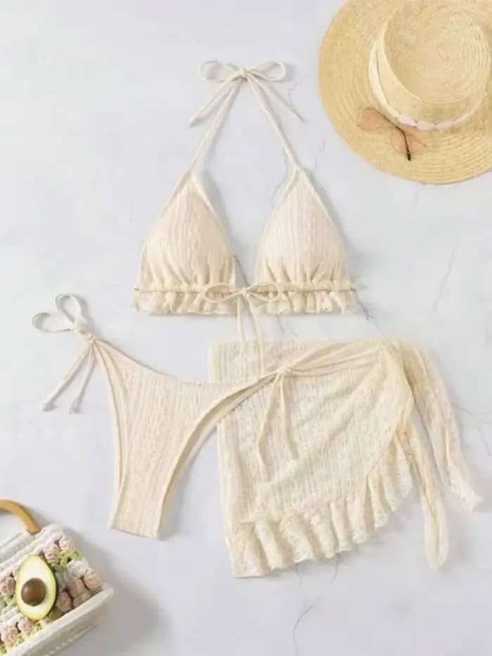 2025 femmes Sexy licou Bikini 3 pièces ensemble solide blanc laiteux maillot de bain avec maille cou