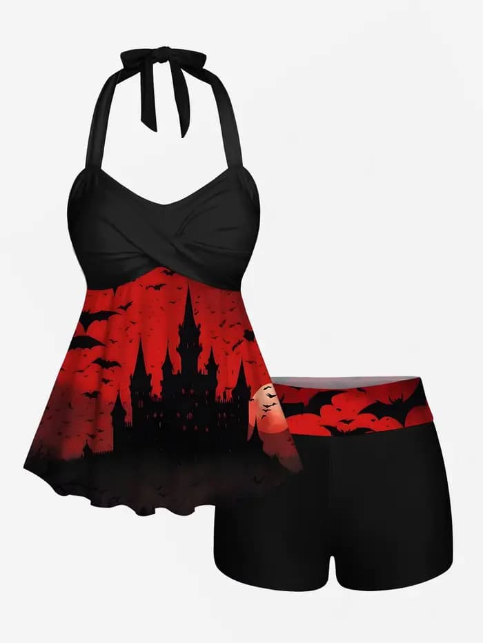 Maillot de bain tankini deux pièces pour femme, imprimé château de lune, Halloween, ombré, dos nu, s