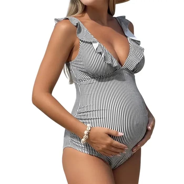 Maillots de bain de grossesse pour femmes, sans manches, col en V profond, imprimé rayé, maillots de