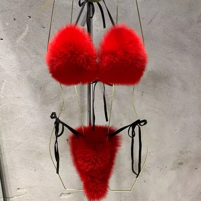 Bikini en Fourrure Naturelle pour Femme, Bikini en Vraie Fourrure de Renard