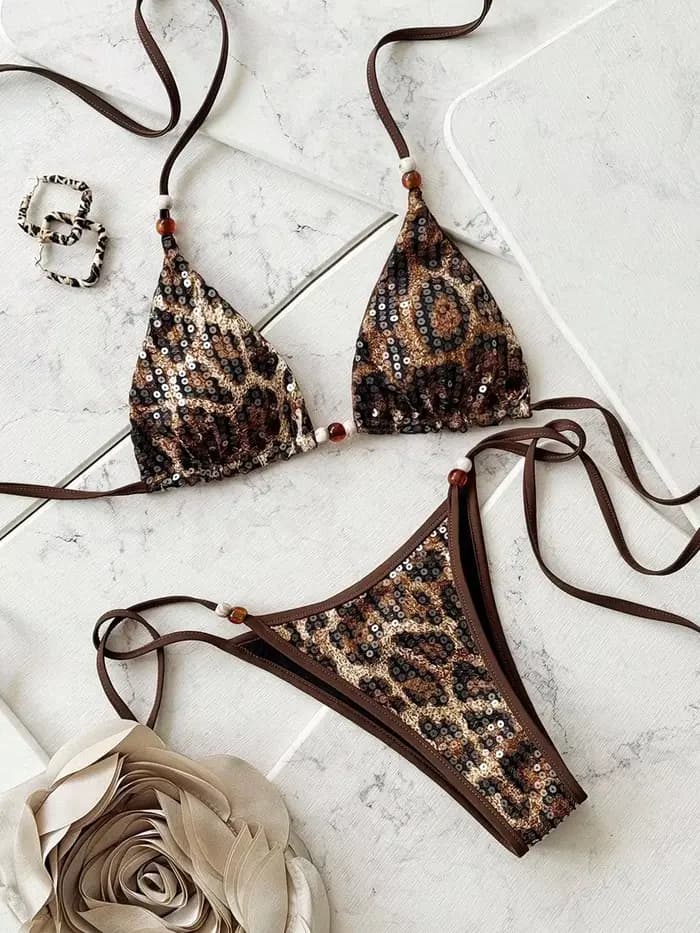 2026 Ensemble de bikini deux pièces pour femme à sequins léopard, style licou et à bretelles
