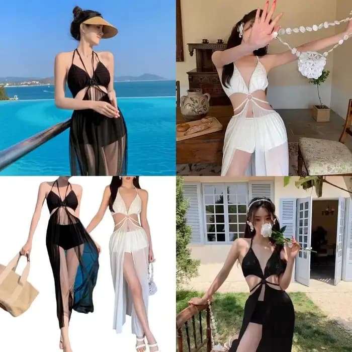 Maillot bain à col licou pour femmes, avec robe plage transparente, triangulaire, col en V, ensemble