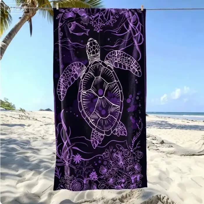 Serviette de plage en microfibre Turtle Sea Line, bleu foncé, motif vie marine, esthétique mystique,