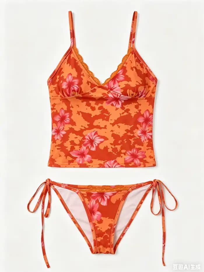 Été Orange Floral Imprimé Tankini Ensemble pour les Femmes, Dentelle Garniture V Cou Halter Tie Côté