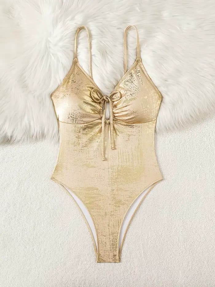 Maillot de bain sexy pour femme, une pièce, tendance, brillant, col en V, à lacets, confortable, pou
