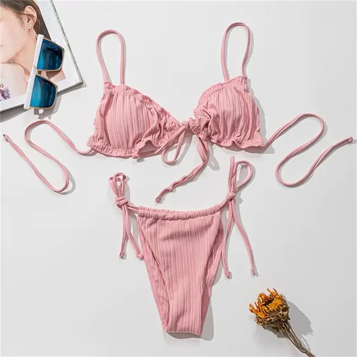 Sexy fronde Bikini Micro String extrême maillot de bain rose Bikinis ensemble maillot de bain plissé