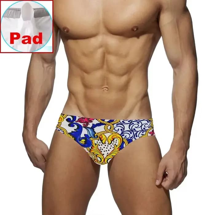 Culotte de bain blanche Sexy pour hommes, maillot de bain Gay, coussinet imprimé, short de plage, Bi