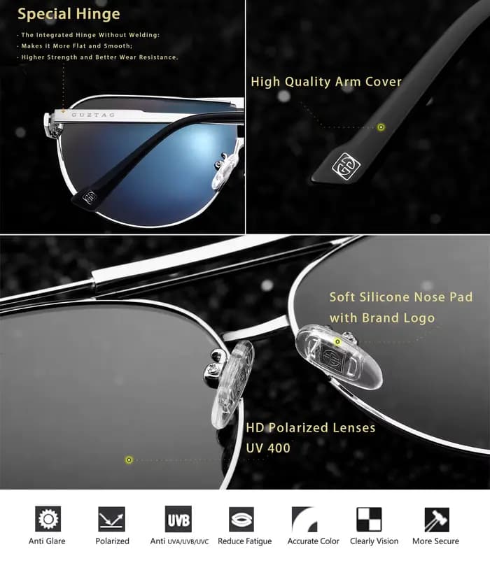 GUZTAG-Lunettes de soleil polarisées classiques pour hommes, en acier inoxydable, vintage, pour l'ex