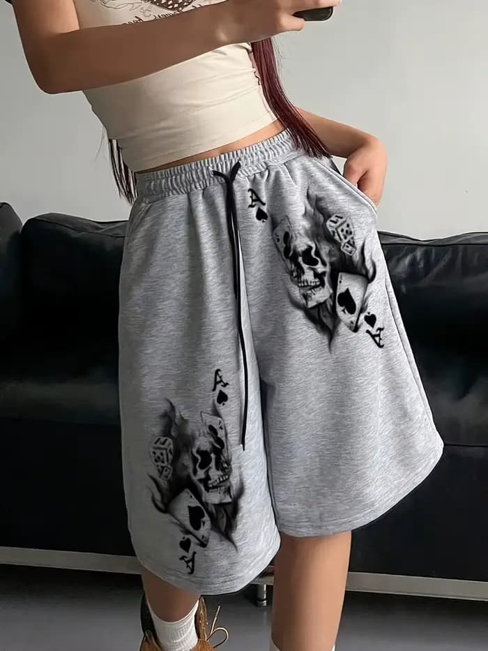 Shorts Capri Unisexe pour Femme, Coupe Droite, Imprimé Crâne et Lettres, Style Hip-Hop, Tendance, Am