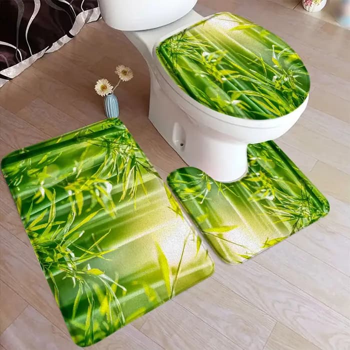 Ensemble de polymères de bain en bambou vert, feuilles naturelles, plantes forestières, tapis de mai