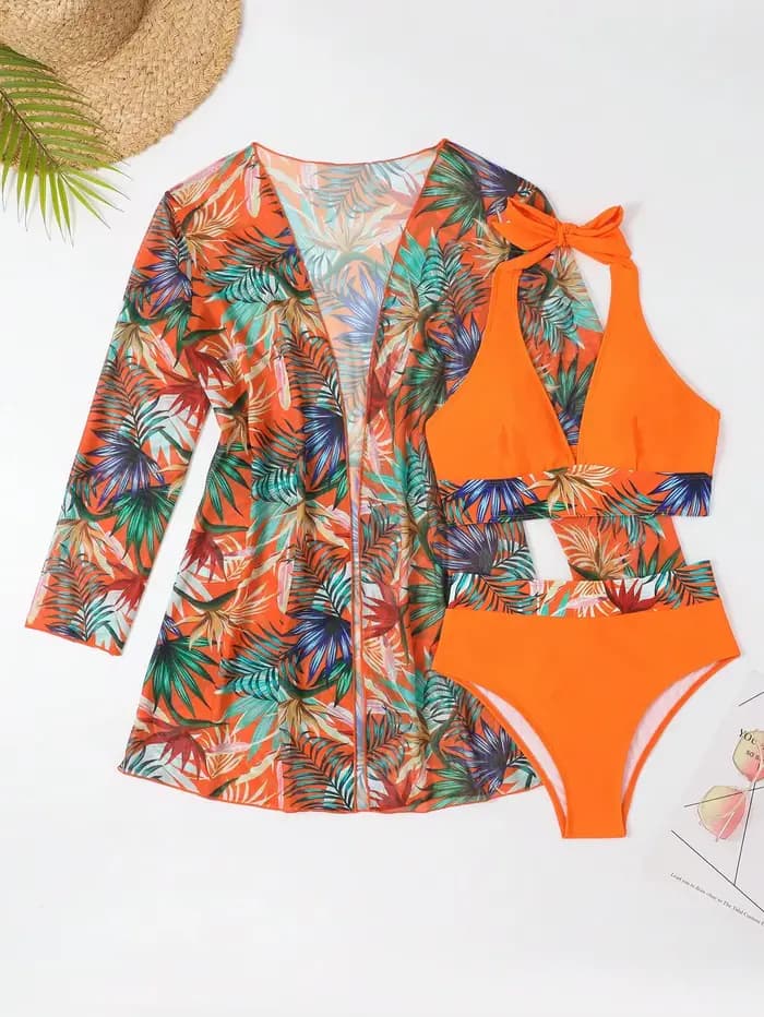 Licou imprimé Bikini ensembles 3 pièces femmes maillot de bain avec Kimono taille haute maillots de