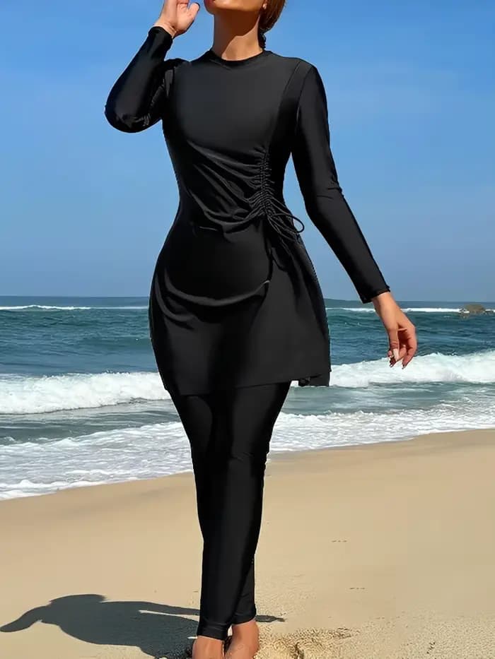 Maillot de bain à manches longues pour femme 2026, robe de plage et pantalon, maillot de bain uni, v