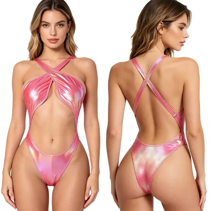 Maillot de bain une pièce métallisé irisé pour femme avec coussinets de poitrine, bretelles croisées