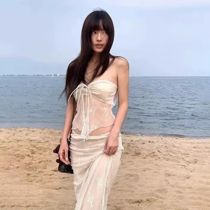 Ensemble de Bikini en dentelle thaïlandaise, robe longue amincissante, Sexy, vacances dans l'île, ma