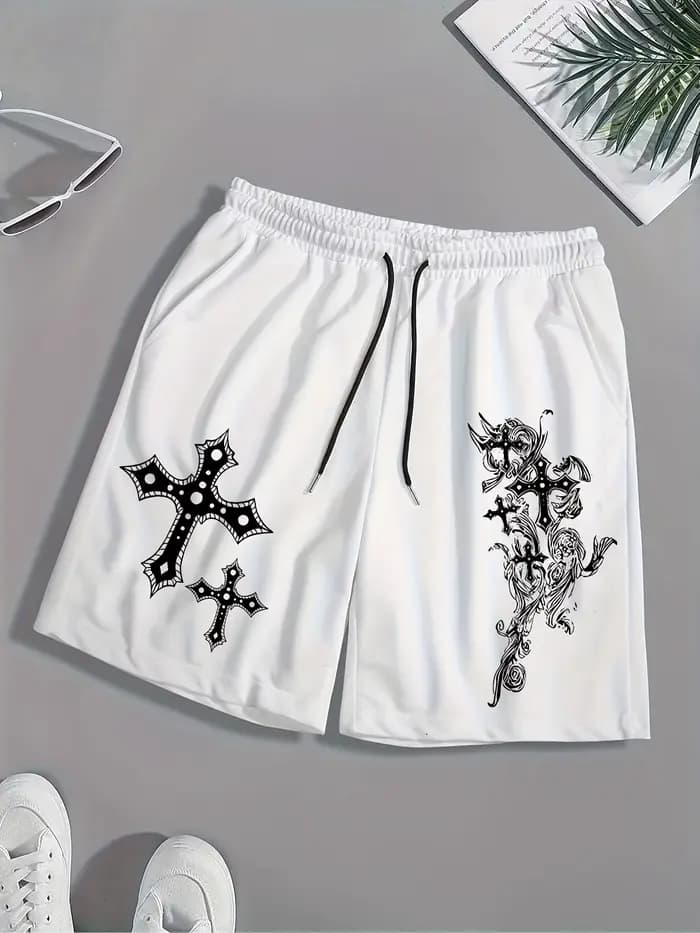Shorts décontractés respirants pour hommes avec imprimé croisé, dotés d'une ceinture élastique avec