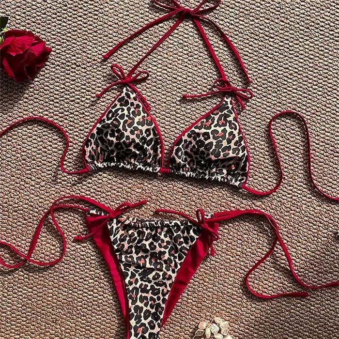 Maillot de bain léopard rouge, ensemble deux pièces, Triangle, String, dos nu, Push Up, col licou, e