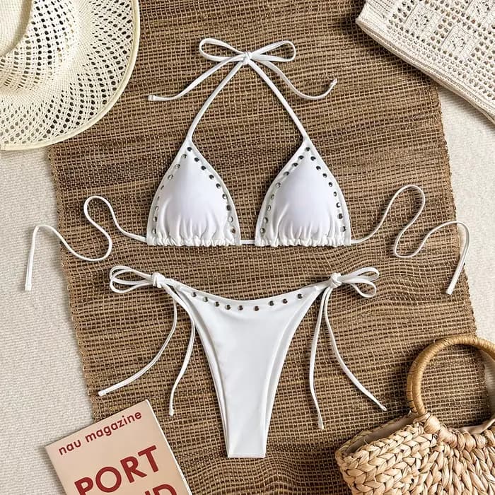 Ensemble bikini sexy à rivets 2026 pour femme, blanc et noir, avec soutien-gorge push-up halter et s