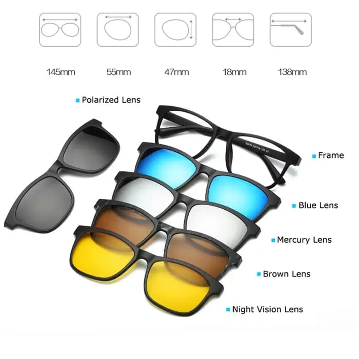 Monture de lunettes de mode hommes femmes avec 5 pièces pince sur lunettes de soleil lunettes magnét