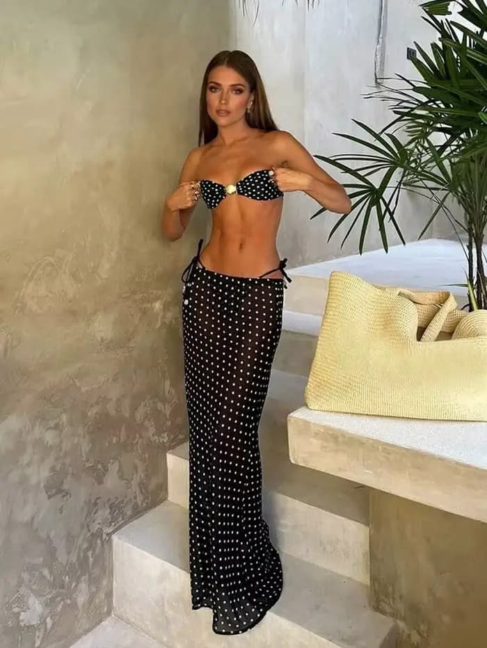 Ensemble bikini 3 pièces à pois pour femme, haut bandeau, paréo transparent, jupe longue, maillot de