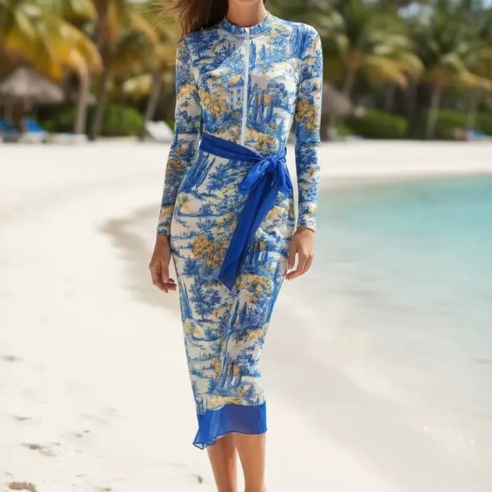 Maillot de bain élégant à col rond et fermeture éclair avec jupe, imprimé tendance, une pièce, tenue