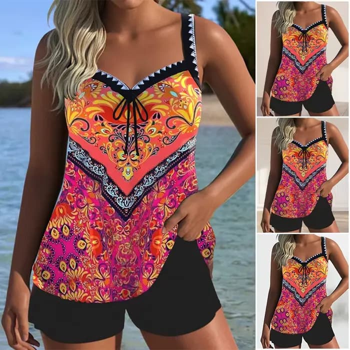 Ensemble de maillot de bain deux pièces conservateur, imprimé, sans manches, avec bas de bikini sépa