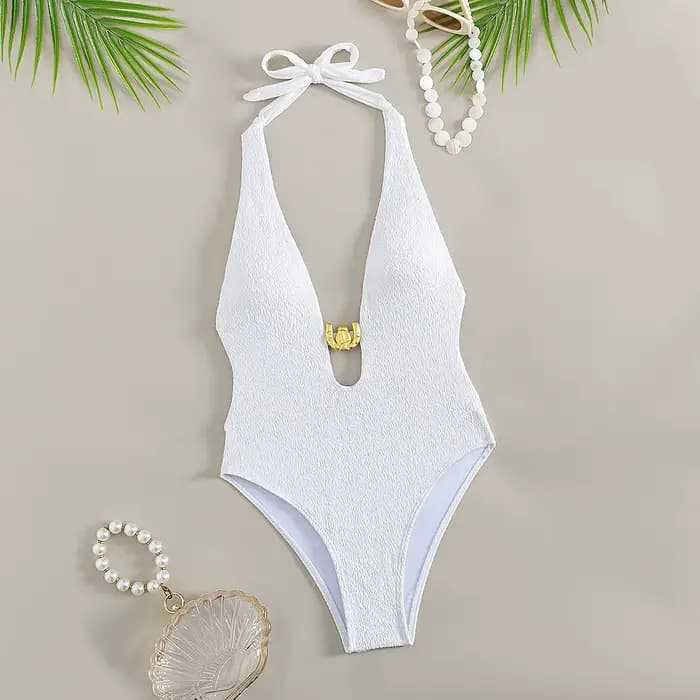 Maillot de bain une pièce blanc, Sexy, décolleté en V profond, boucle en métal, ajouré, dos nu, pour