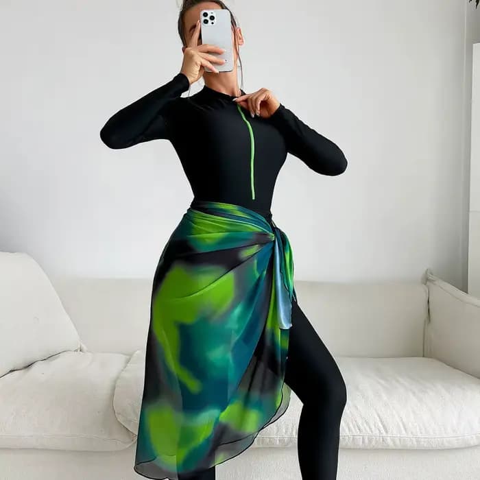 Maillot de Bain Burkini à Manches sulfpour Femme Musulmane, Haut Modeste avec Gaze Verte éventuelles