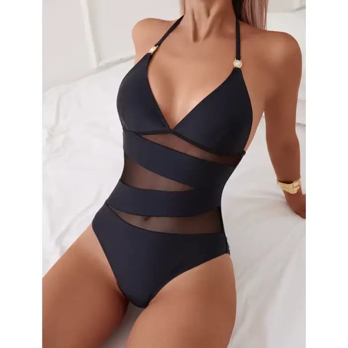 2025 froncé licou maillot de bain une pièce maillots de bain femmes Sexy baigneurs noir maille maill
