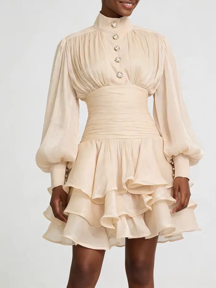 Robes courtes décontractées de style plage VGH pour femmes, col montant, manches longues, taille hau