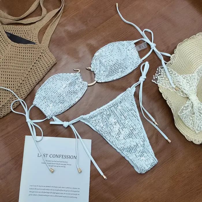 Ensemble de bikinis deux pièces brillants pour femmes, maillot de bain de fête sexy avec haut dos nu