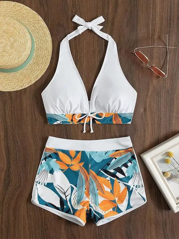 Maillot de bain pour femmes, imprimé, col conservateur, angle plat, taille haute, bikini à angle pla