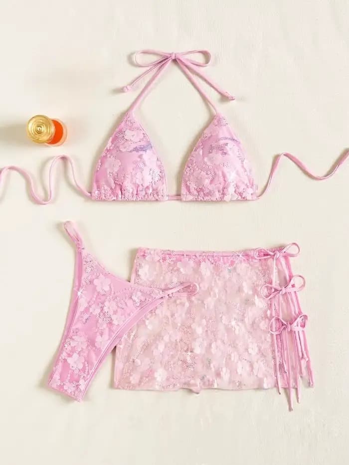 Ensemble bikini 3 pièces en maille rose à paillettes brillantes pour femme, soutien-gorge push-up, s