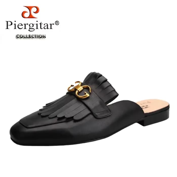 Piergitar – Mules pour hommes en cuir noir, style été, avec design découpé fait main, pompons et bou