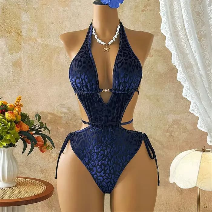 Maillot de bain une pièce sexy en velours bleu imprimé léopard, dos nu, style halter, monokini ajour