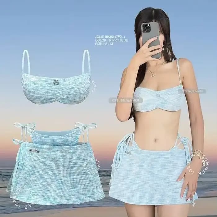 Bikini côtelé rose pour femme avec jupe, maillot de bain trois pièces rembourré pour les vacances à