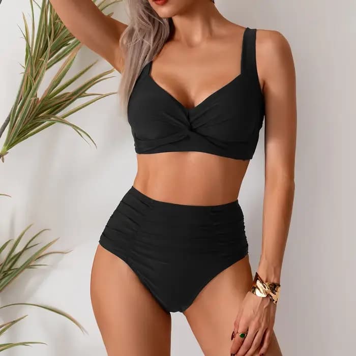 Sexy noir deux pièces maillot de bain femmes solide Push Up rembourré Bikini ensemble maillots de ba