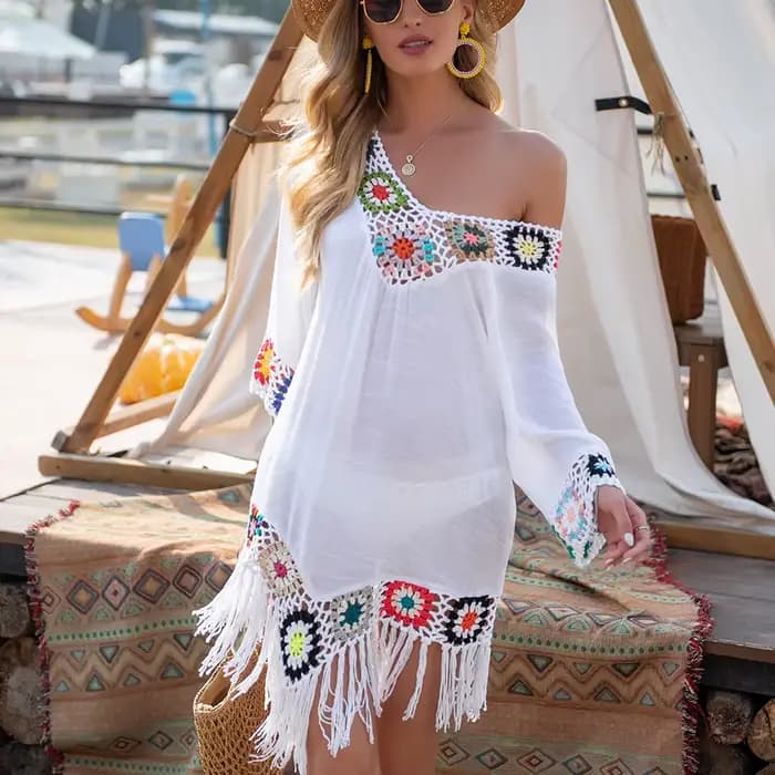 CROCHET BIKINI blanc Bikini couvrir avec frange garniture femmes Sexy creux tunique robe de plage ét