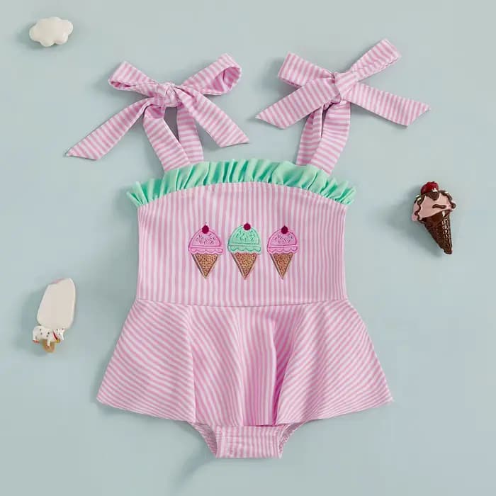 Citgeett été infantile bébé fille maillot de bain crème glacée broderie rayé à volants garniture cra