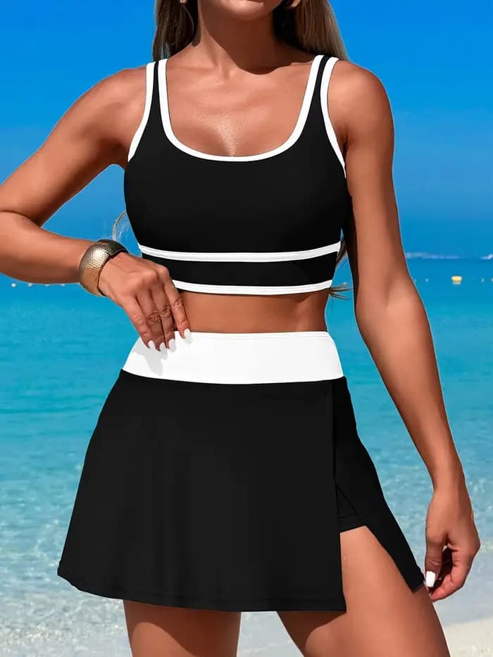 Maillot de bain sportif deux pièces taille haute pour femme 2026 – Robe de plage unie pour baigneuse