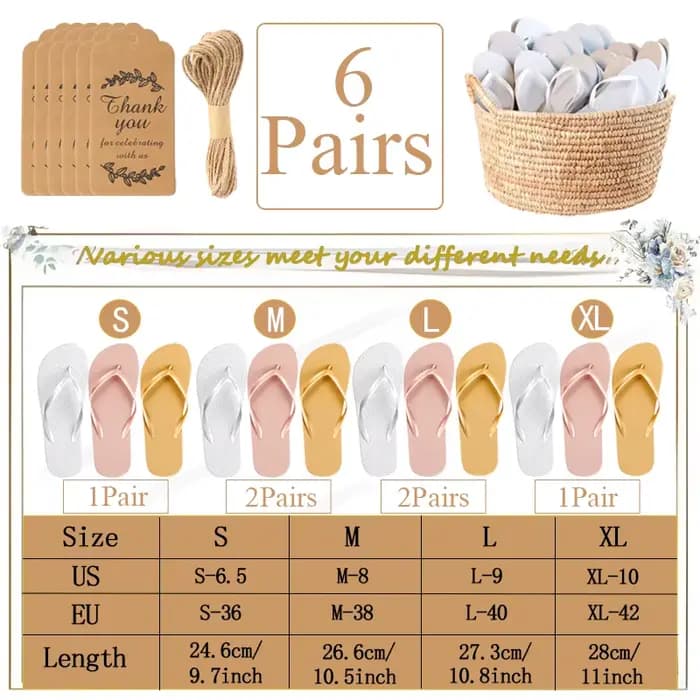 6-30 paires de tongs pour invités de mariage, sandales et pantoufles avec cartes, cadeaux de mariage