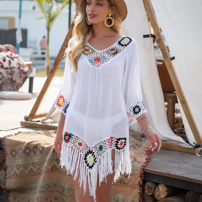 CROCHET BIKINI blanc Bikini couvrir avec frange garniture femmes Sexy creux tunique robe de plage ét
