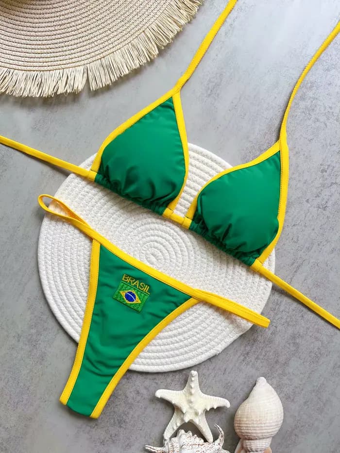 RUOTONSEPT Sexy broderie drapeau du brésil contraste fendu Bikini ensemble femmes maillots de bain P