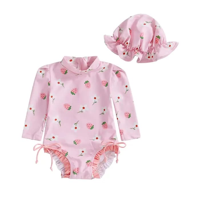 Maillot de bain pour nouveau-né fille, imprimé floral/coquillage, manches longues, col montant, imbi