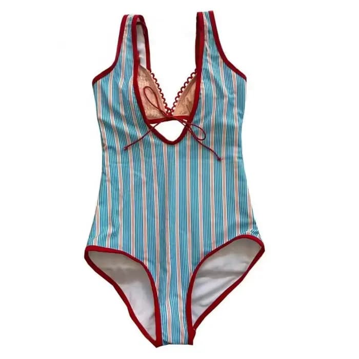 Maillot de bain deux pièces à rayures avec nœud papillon, sans manches, décolleté en V profond, coup