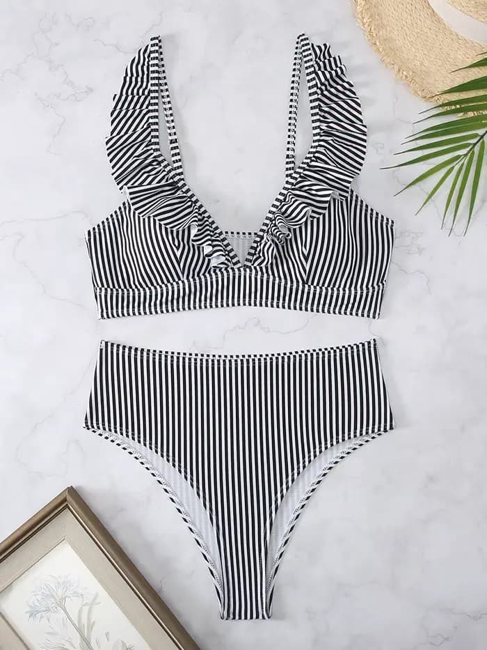 Maillot de bain bikini sexy rayé à volants pour femme 2026 – Ensemble deux pièces taille haute, maillot de bain push-up monokini