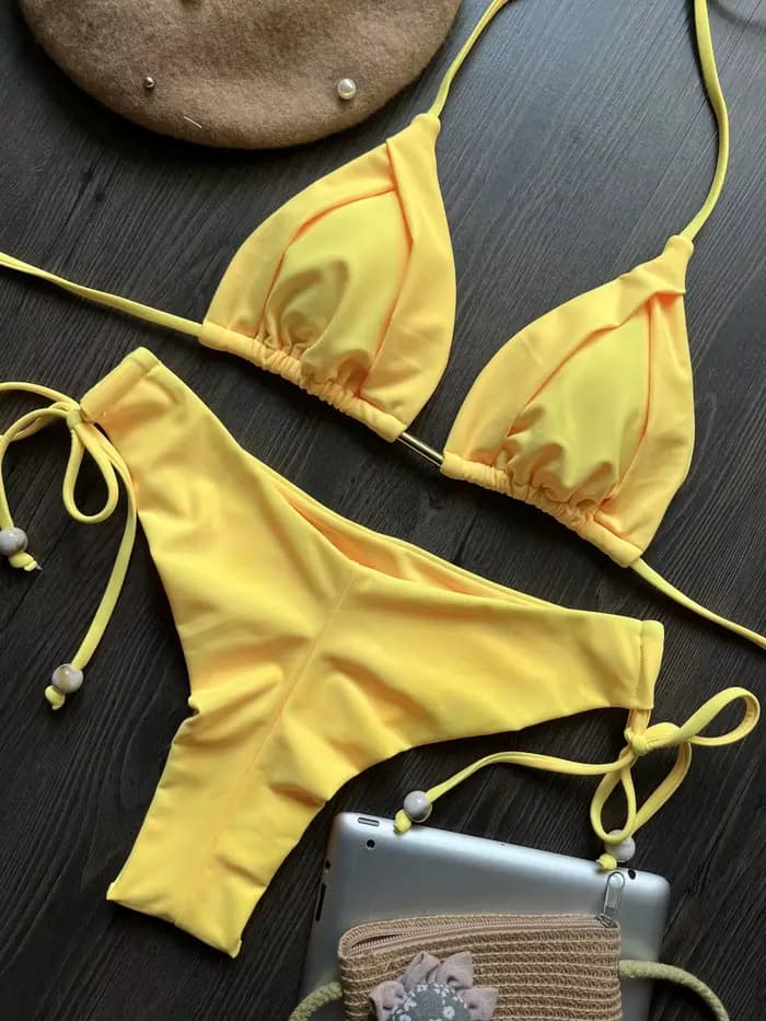 Été brésilien Bikini ensemble femmes Sexy haut bandeau string bas 2 pièces ensemble maillot de bain push-up à lacets maillot de bain maillots de bain